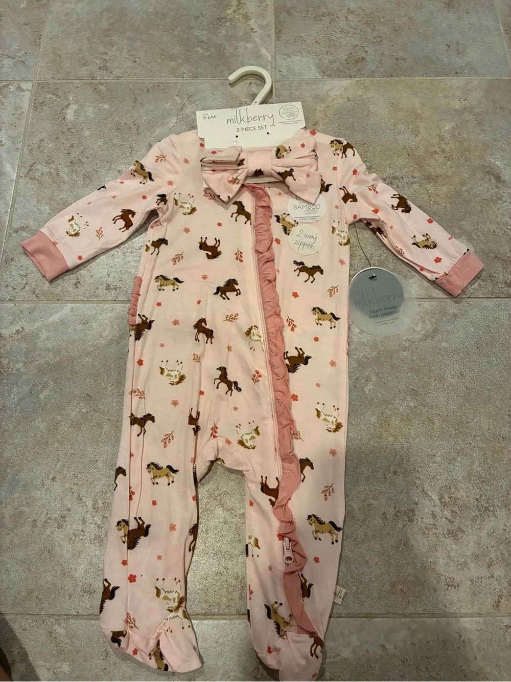 NWT Bamboo Milkberry Pink Horse Patterned Onesie and Head Bow Set